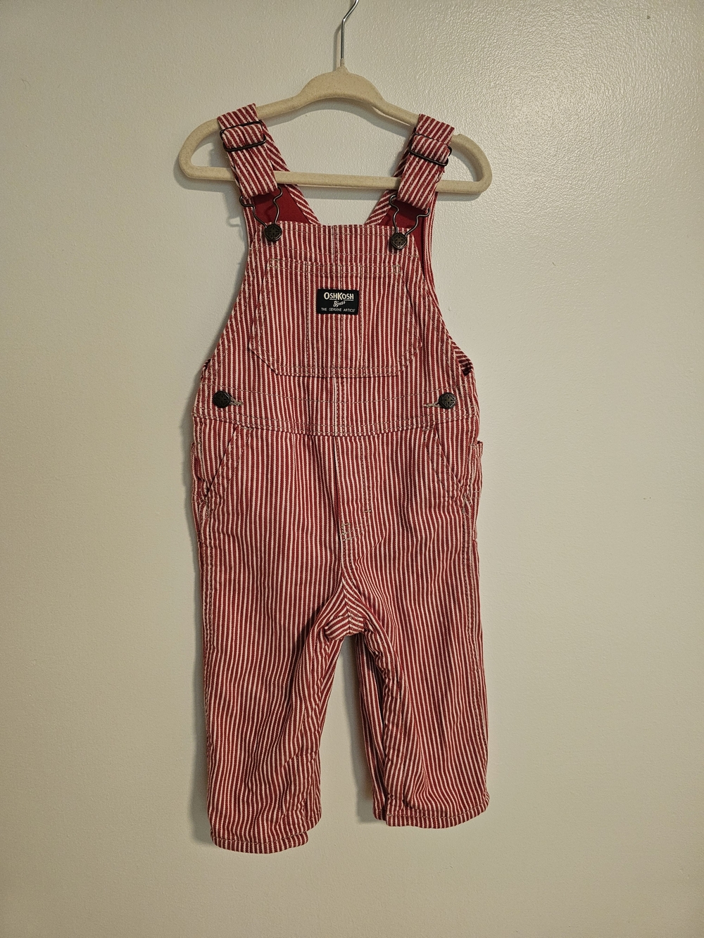 🧸2/20$ OshKosh B'gosh Red White Striped Kids Overalls 18M Baby Toddler